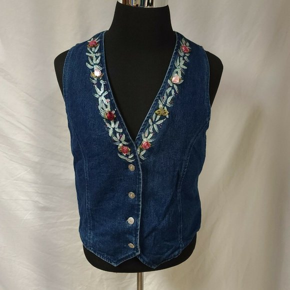 Vtg Apache Womens Large Cotton Denim Made in USA Boho Embellished Floral Vest - Picture 6 of 12